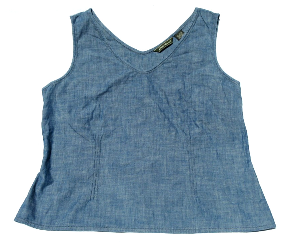Eddie Bauer Womens XL Blue Jean Denim V-Neck Shirt Sleeveless Tank Top Side Zip